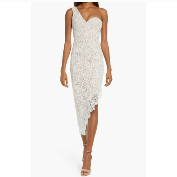 Dress the Population Dresses & Skirts - DRESS THE POPULATION Magnolia Dress Large White Nude Lace One-Shoulder NWT